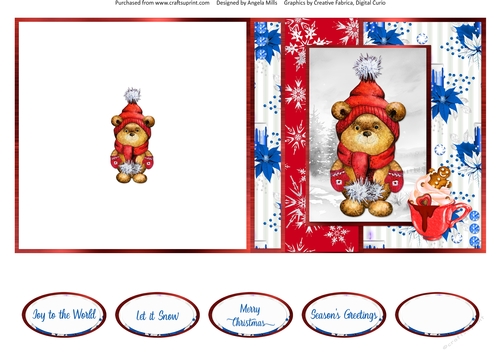 Festive Bears 15: Pom Pom Bear 5 x 5 Quick Cut & Fold Card with Sentiments