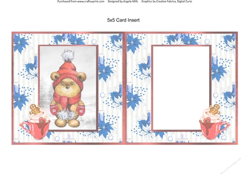 Festive Bears 15: Pom Pom Bear 5 x 5 Blank Card Insert with Blue Poinsettias Background