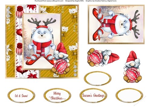 Festive Bears 8: Polar Bear on Skis: 6 x 6 Card Front with Topper, Decoupage and Sentiments
