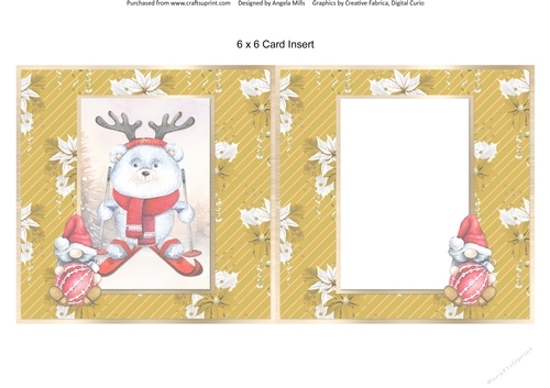 Festive Bears 8: Polar Bear on Skis: 6 x 6 Blank Card Insert with Gold & White Poinsettias Background