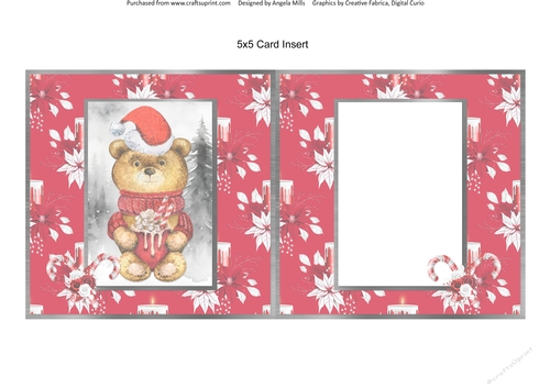 Festive Bears 12: Cocoa Cup Bear 5 x 5 Blank Card Insert with Red/White Poinsettias Background