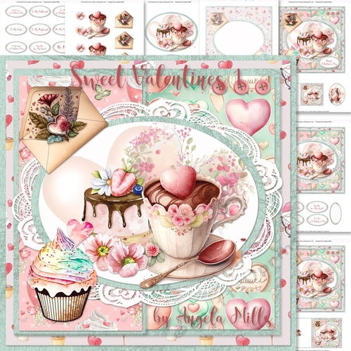 Sweet Valentines 1 : Coffee & Cupcake 7 x 7 Decoupage Card Mini Kit, 8 Sheets
