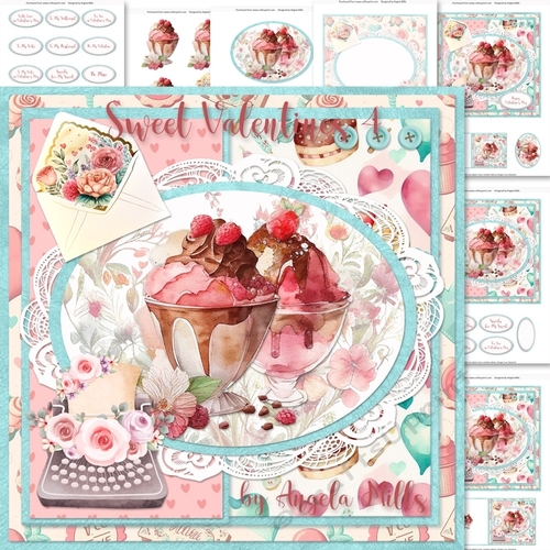 Sweet Valentines 4: Ice Cream Sundaes & Love Letter 7 x 7 Decoupage Card Mini Kit, 8 Sheets