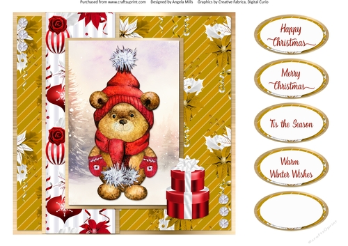 Festive Bears 16: Pom Pom Bear 8 x 8 Card Front with Sentiments