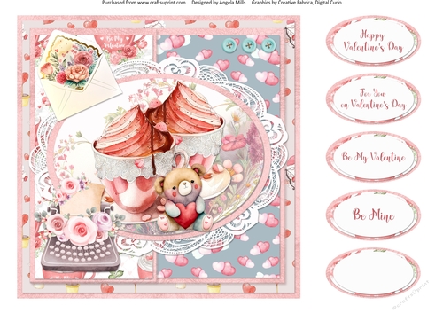 Sweet Valentine 13: Ice Cream & Plush Bear 8 x 8 Quick Card Front with Sentiments