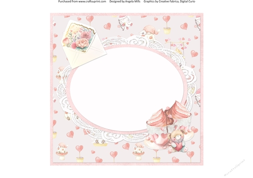 Sweet Valentine 13: Ice Cream & Plush Bear 8 x 8 Blank Card Insert Panel with Pink Hearts Background