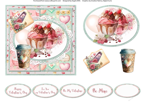 Sweet Valentines 14: Ice Cream Sundaes & Love Letter 6 x 6 Card Front with Topper, Decoupage and Sentiments