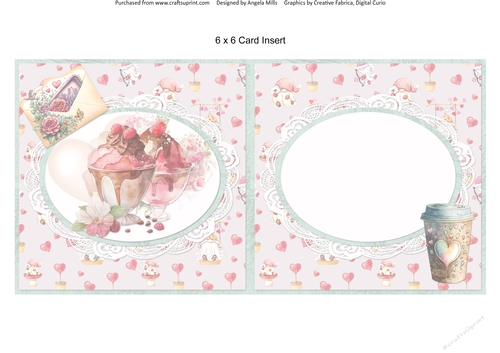 Sweet Valentines 14: Ice Cream Sundaes & Love Letter 6 x 6 Blank Card Insert with Mint Green/Pink Hearts Background