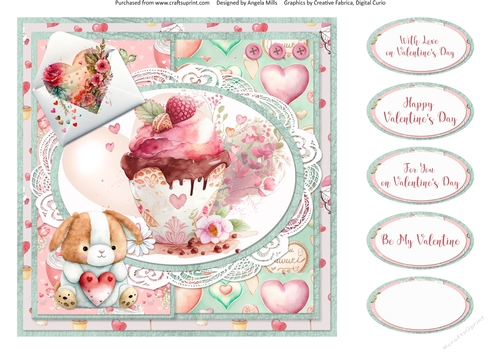 Sweet Valentines 10: Ice Cream Sundae & Bunny Plushie 8 x 8 Quick Card Front with Sentiments