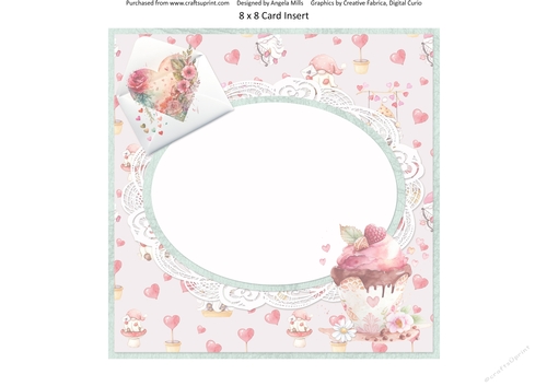 Sweet Valentines 10: Ice Cream Sundae & Love Letter 8 x 8 Blank Card Insert with Pink/Mint Green Hearts Background