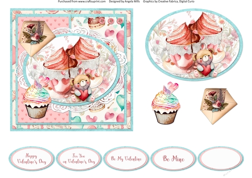 Sweet Valentines 11: Ice Cream Desserts/Cupcake 6 x 6 Card Front with Sentiments, Pink/Aqua