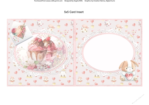 Sweet Valentines 15: Ice Cream Sundaes/Plushie 5 x 5 Card Insert with Pink Hearts & Cupcakes Background