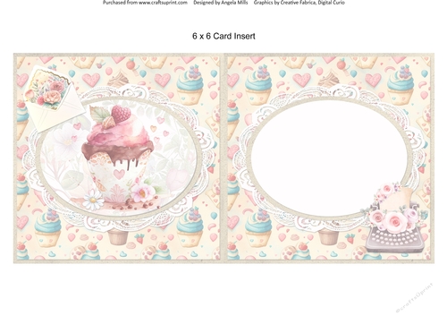 Sweet Valentines 8: Ice Cream Sundae/Love Letters 6 x 6 Card Insert with Ivory/Aqua/Pink Cupcakes & Hearts Background
