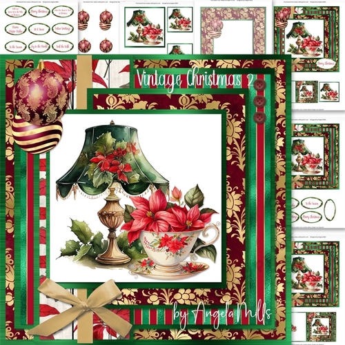 Vintage Christmas 2: Poinsettia Cup/Antique Lamp 7 x 7 Card Mini-Kit, 7 Sheets