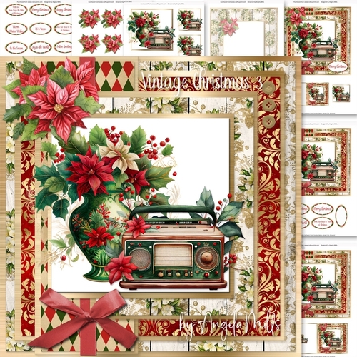 Vintage Christmas 3: Antique Radio/Poinsettia Vase 7 x 7 Card Mini-Kit, 7 Sheets