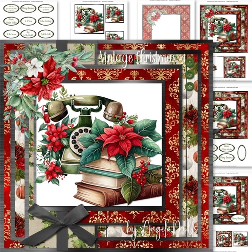Vintage Christmas 4: Antique Telephone/Books//Poinsettias 7 x 7 Card Mini-Kit, 6 Sheets