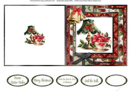 Vintage Christmas 9: Poinsettia Cup/Antique Lamp 5 x 5 Quick Cut & Fold Card with Sentiments
