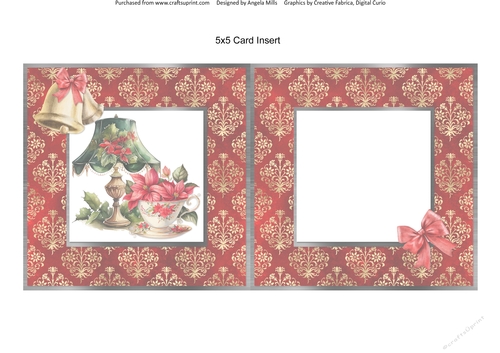 Vintage Christmas 9: Poinsettia Cup/Antique Lamp 5 x 5 Card Insert with Red/Gold Damask Background