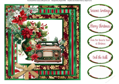 Vintage Christmas 13: Antique Radio/Poinsettia Vase 8 x 8 Quick Card Front with Sentiments