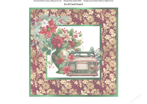 Vintage Christmas 13: Antique Radio/Poinsettia Vase 8 x 8 Blank Card Insert with Burgundy/Gold Background