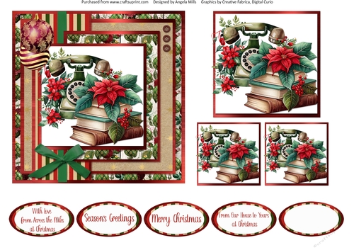 Vintage Christmas 14: Antique Telephone/Books//Poinsettias 6 x 6 Card Front with Topper, Gift Tags and Sentiments