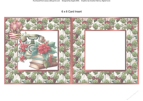 Vintage Christmas 14: Antique Telephone/Books/Poinsettias 6 x 6 Card Insert with Green/Red Baubles Background