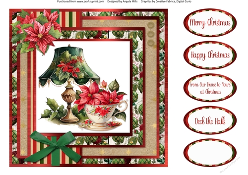 Vintage Christmas 10: Poinsettia Cup/Antique Lamp 8 x 8 Card Front with Sentiments