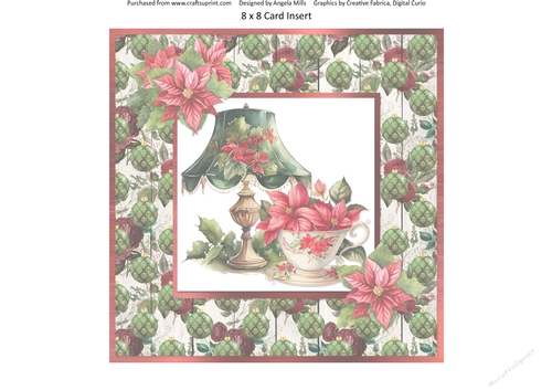 Vintage Christmas 10: Poinsettia Cup/Antique Lamp 8 x 8 Card Insert with Green/Red Baubles Background