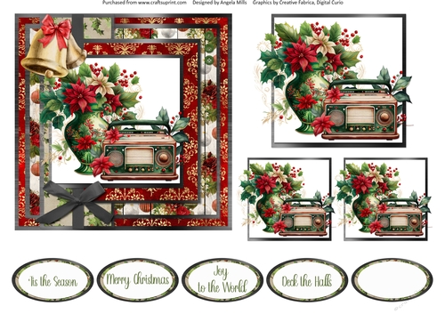 Vintage Christmas 11: Antique Radio/Poinsettia Vase 6 x 6 Card Front with Topper, Mini-Toppers and Sentiments