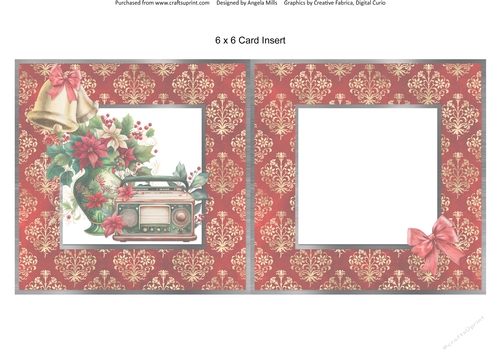 Vintage Christmas 11: Antique Radio/Poinsettia Vase 6 x 6 Card Insert with Red/Gold Damask Background