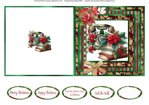 Vintage Christmas 15: Antique Telephone/Books/Poinsettias 5 x 5 Quick Cut & Fold Card with Sentiments