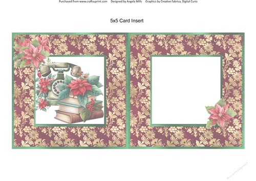 Vintage Christmas 15: Antique Telephone/Books/Poinsettias 5 x 5 Card Insert with Burgundy/Gold Background