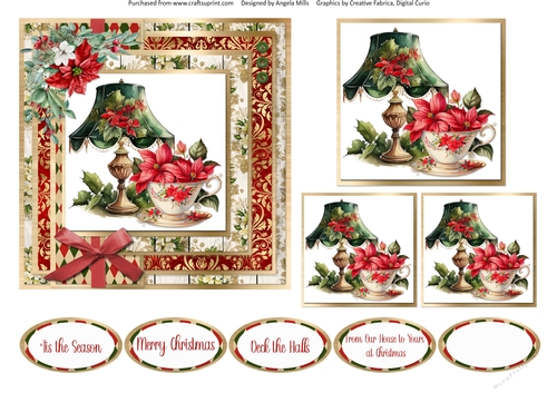 Vintage Christmas 8: Poinsettia Cup/Antique Lamp 6 x 6 Card Front with Topper, Mini-Toppers and Sentiments