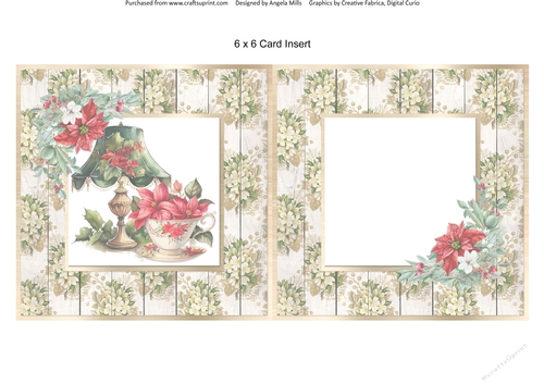 Vintage Christmas 8: Poinsettia Cup/Antique Lamp 6 x 6 Card Insert with Ivory Floral Background