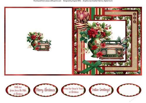 Vintage Christmas 12: Antique Radio/Poinsettia Vase 5 x 5 Quick Cut & Fold Card with Sentimetns
