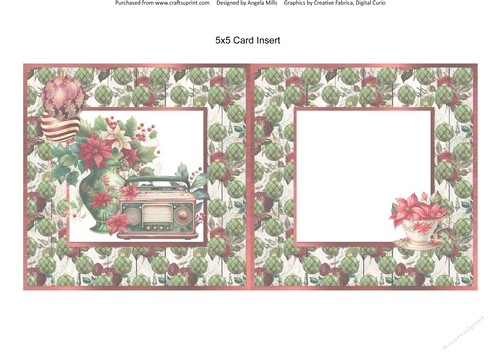 Vintage Christmas 12: Antique Radio/Poinsettia Vase 5 x 5 Card Insert with Green/Red Baubles Background