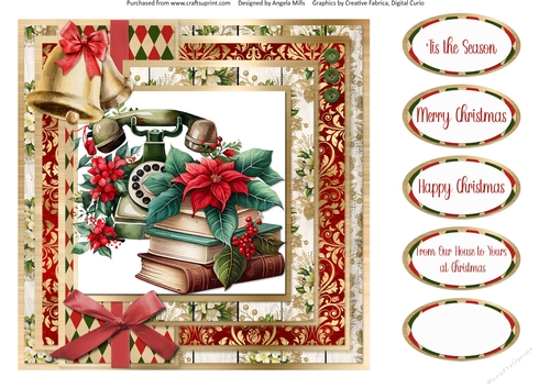 Vintage Christmas 16: Antique Telephone/Books/Poinsettias 8 x 8 Card Front with Sentiments