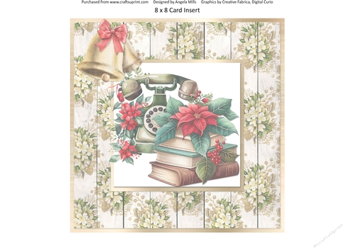 Vintage Christmas 16: Antique Telephone/Books/Poinsettias 8 x 8 Card Insert with Ivory Floral Background