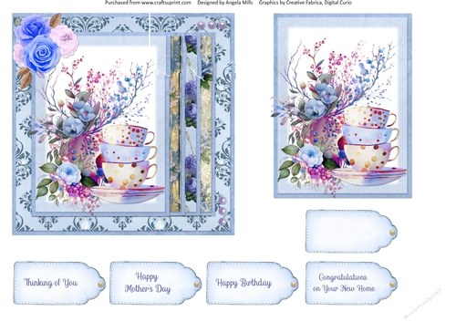 Summer Tea 5: Blue Roses & Teacups 6 x 6 Card Front with Topper and Sentiments