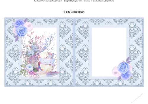 Summer Tea 5: Blue Roses & Teacups 6 x 6 Card Insert with Blue Damask Background