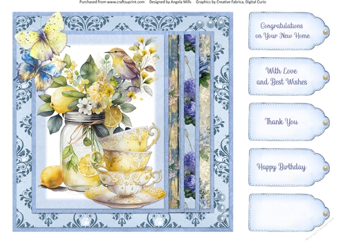 Summer Tea 13: Lemon Tea & Butterflies 8 x 8 Quick Card Front with Sentiment Tags
