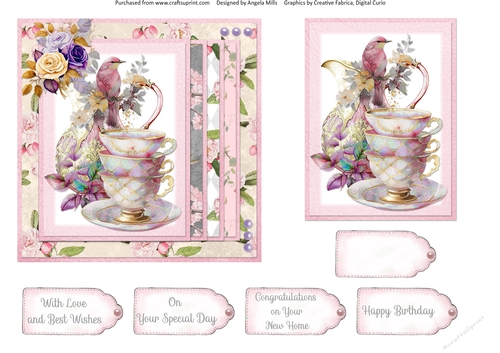Summer Tea 14: Vintage Teacups & Roses 6 x 6 Card Front with Topper and Sentiment Tags