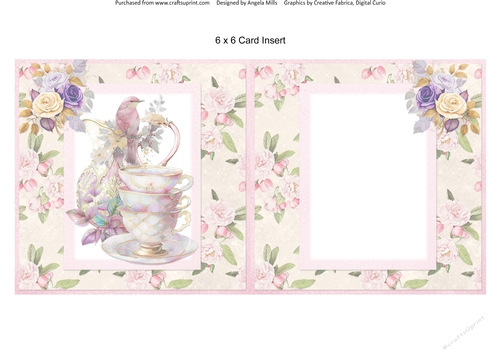 Summer Tea 14: Vintage Teacups & Roses 6 x 6 Blank Card Insert with Pink/Ivory FloralBackground