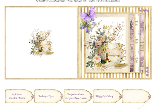 Summer Tea 6: Teacups & Butterflies 5 x 5 Quick Cut & Fold Card with Sentiment Tags
