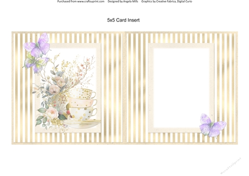 Summer Tea 6: Teacups & Butterflies 5 x 5 Card Insert with Gold/White Striped Background