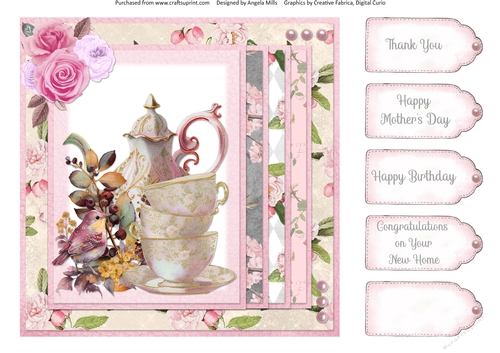Summer Tea 10: Pink Teacups & Roses 8 x 8 Quick Card Front with Sentiment Tags