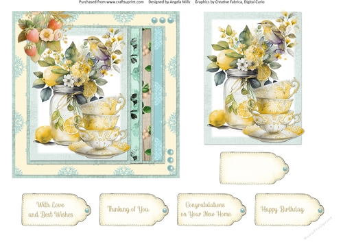 Summer Tea 11: Lemons & Strawberries 6 x 6 Card Front with Topper & Sentiment Tags