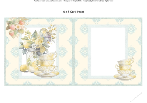 Summer Tea 11: Lemons & Strawberries 6 x 6 Card Insert with Primrose/Aqua Damask Background