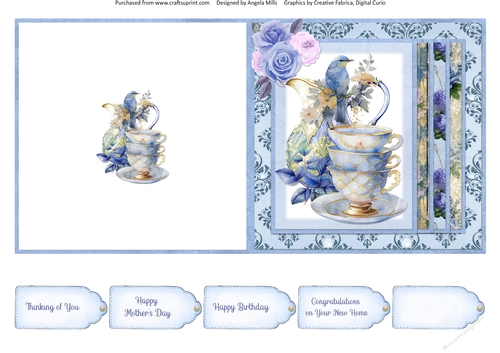 Summer Tea 15: Blue Roses & Teacups 5 x 5 Quick Cut & Fold Card with Sentiment Tags