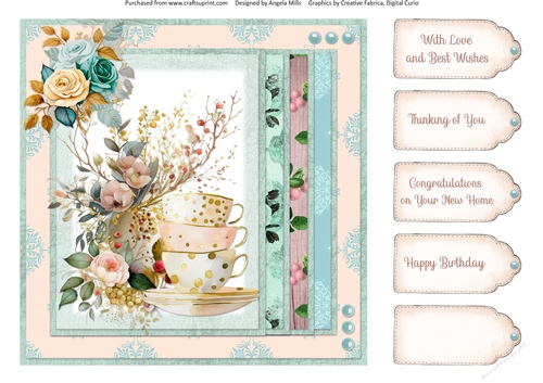 Summer Tea 7: Blush/Teal Teacups & Roses 8 x 8 Quick Card Front with Sentiment Tags